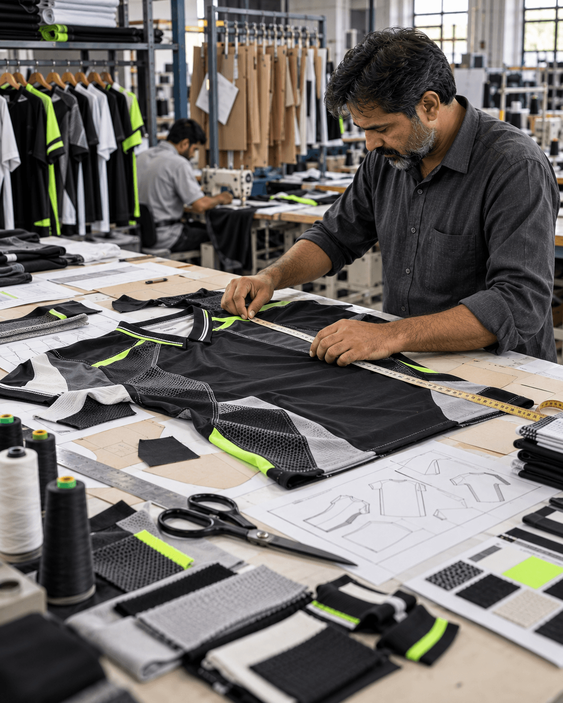 Sportswear product development workspace with technical garment patterns and fabric samples