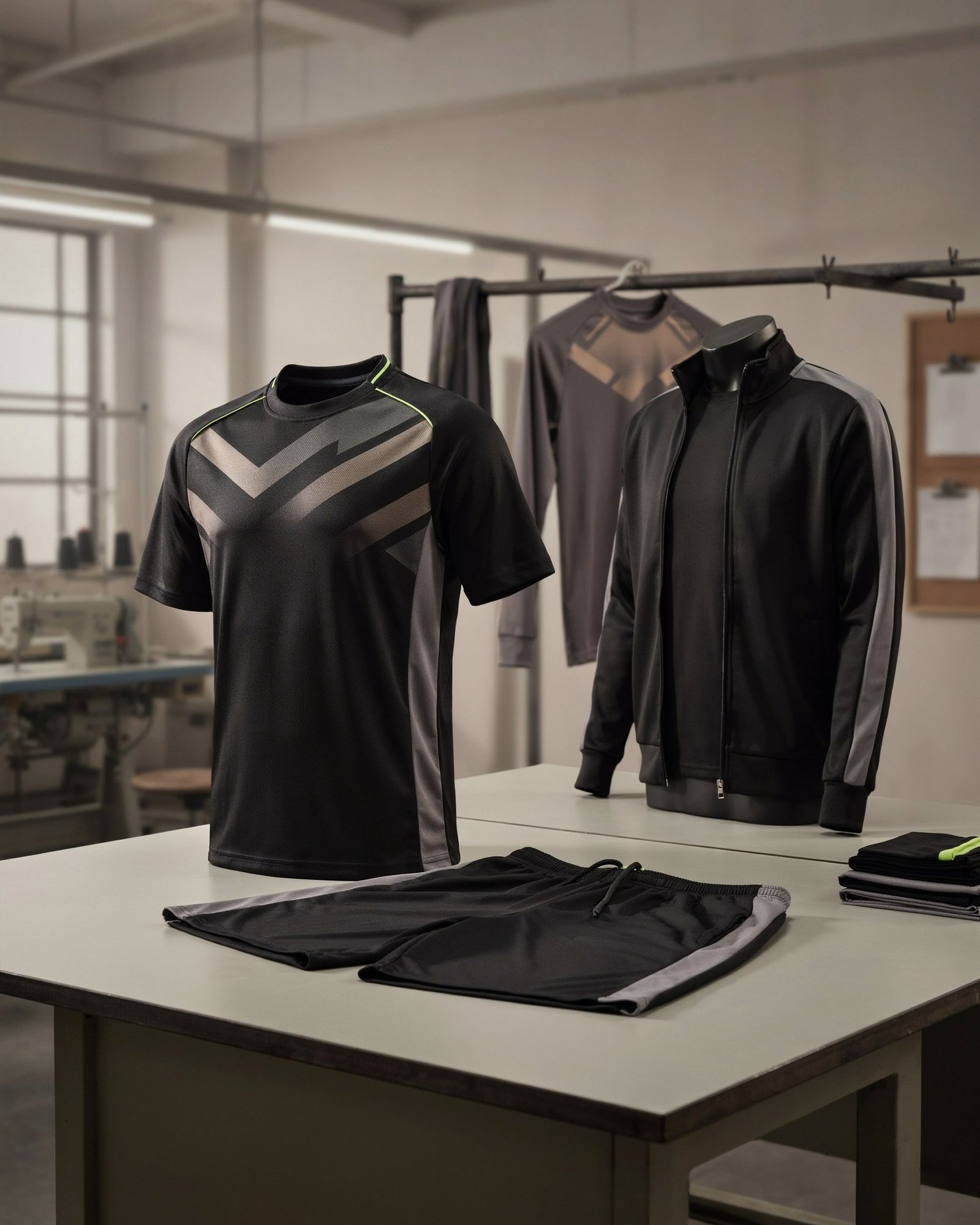 Coordinated custom team uniform collection including jersey, shorts and training apparel