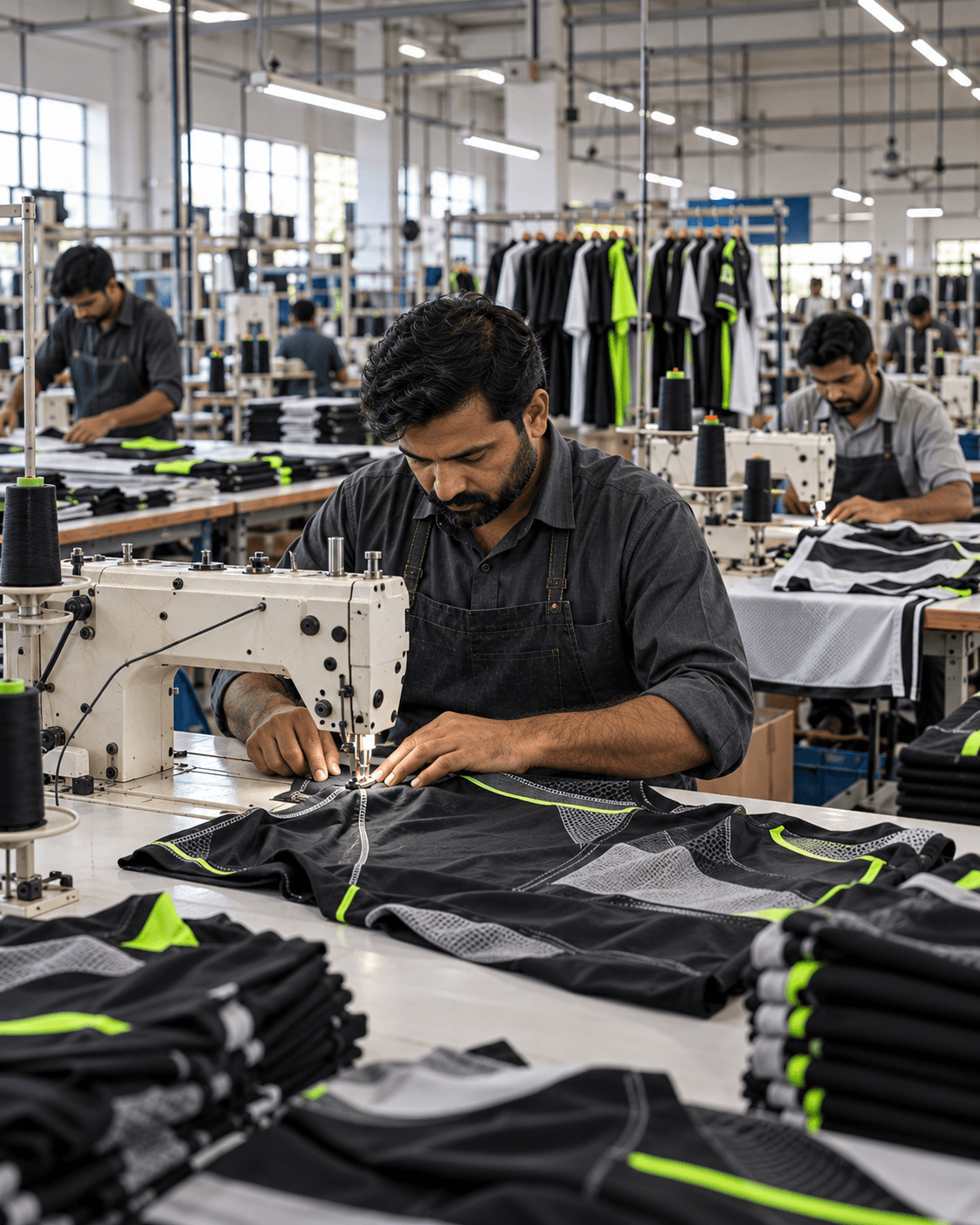 Custom sportswear manufacturing production facility