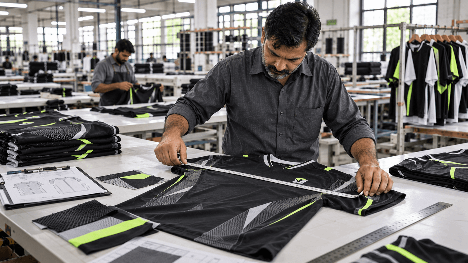 Quality control inspector checking custom sportswear garment measurements