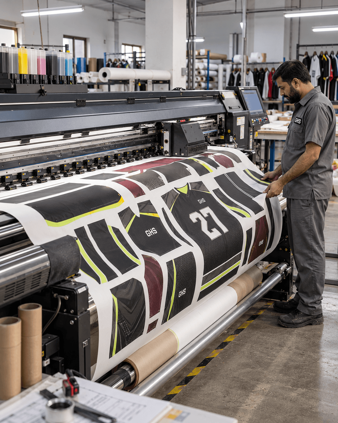 Wide-format dye sublimation printer producing printed transfer paper for custom sportswear manufacturing