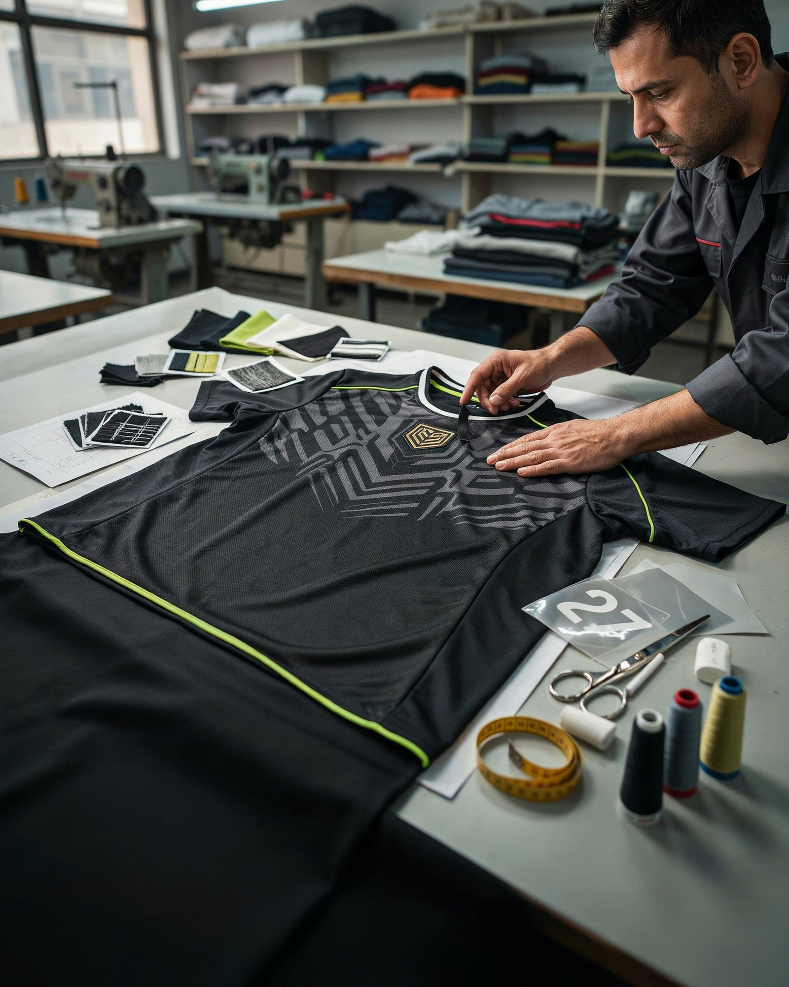 Custom team uniform development with fabric colors, player numbers and branding details