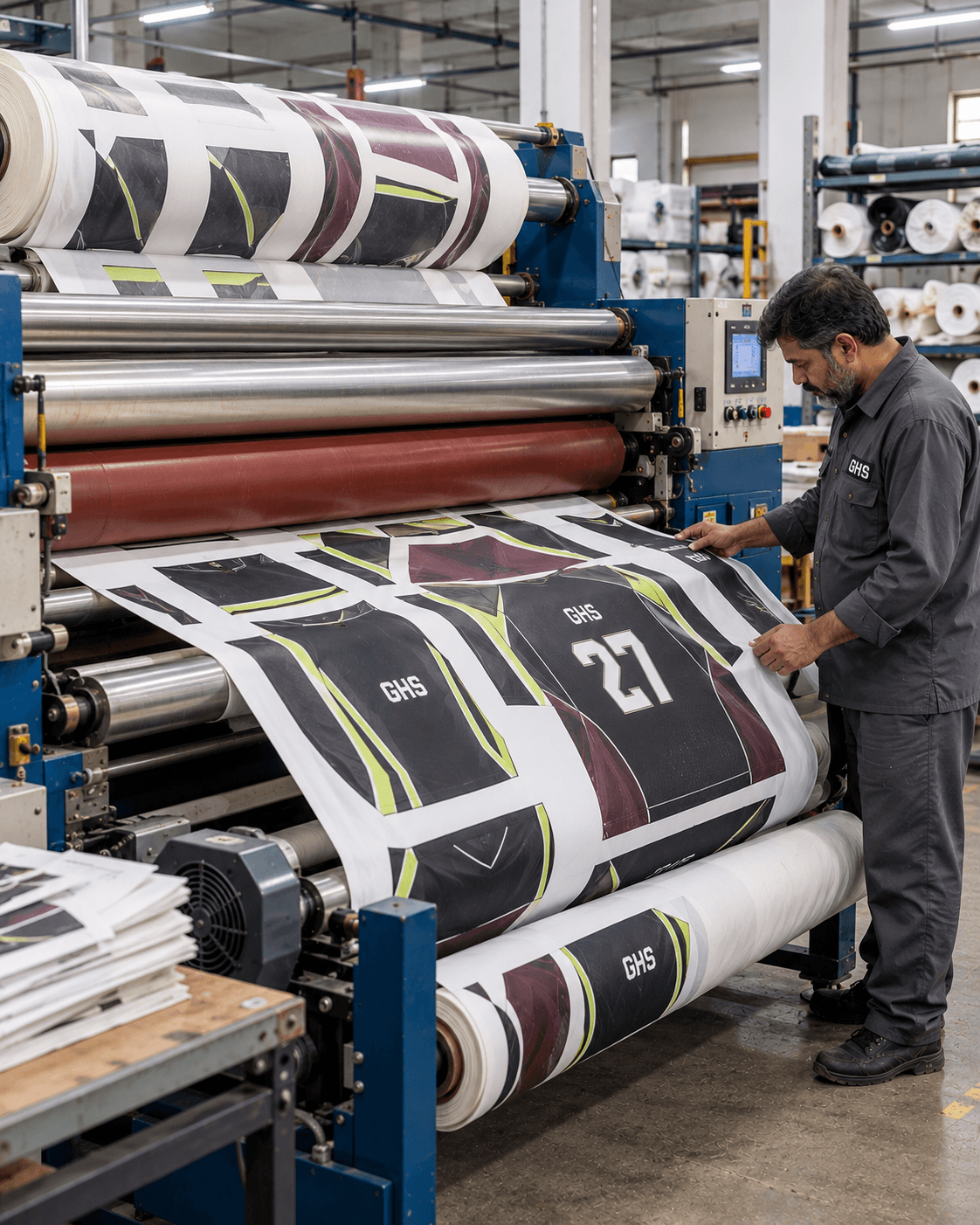 Industrial rotary heat transfer machine applying sublimation graphics from printed transfer paper to polyester sportswear fabric